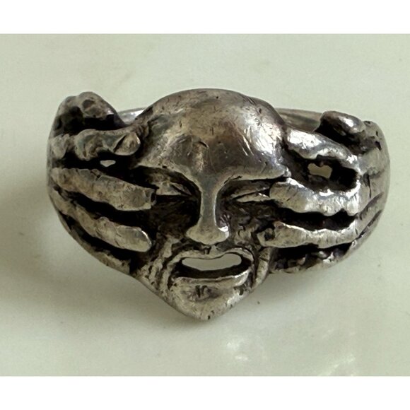 Vintage 90's Mens Sterling Silver Biker Ring Skull with hands Over Eyes Size 13 - Picture 2 of 16